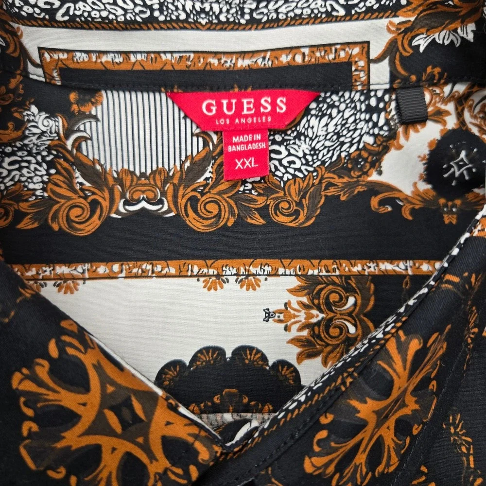 Guess Los Angeles Mens XXL Baroque Chain Print Button Down Shirt Black Gold - Picture 3 of 11